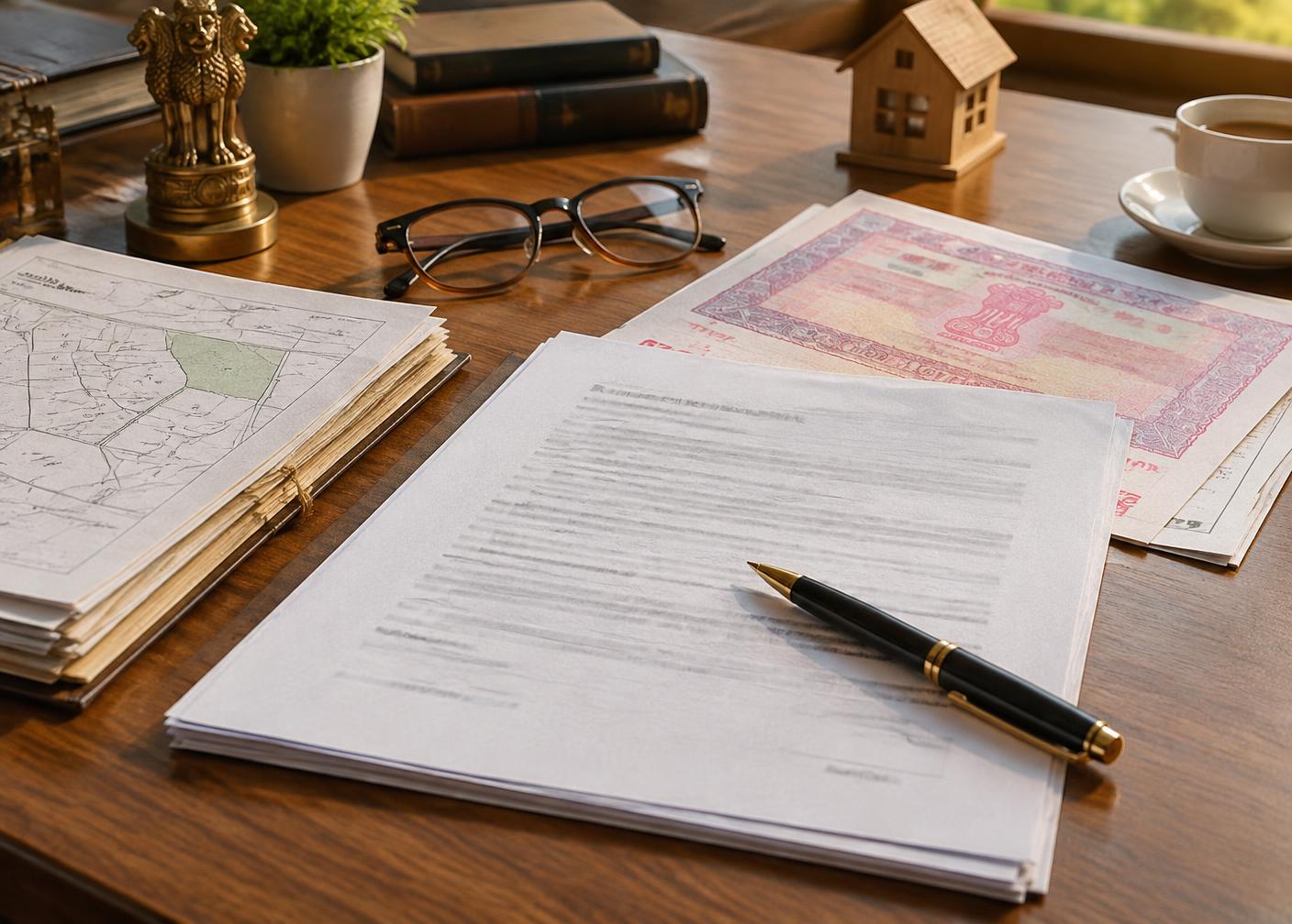 Stacked property documents and land records on a desk