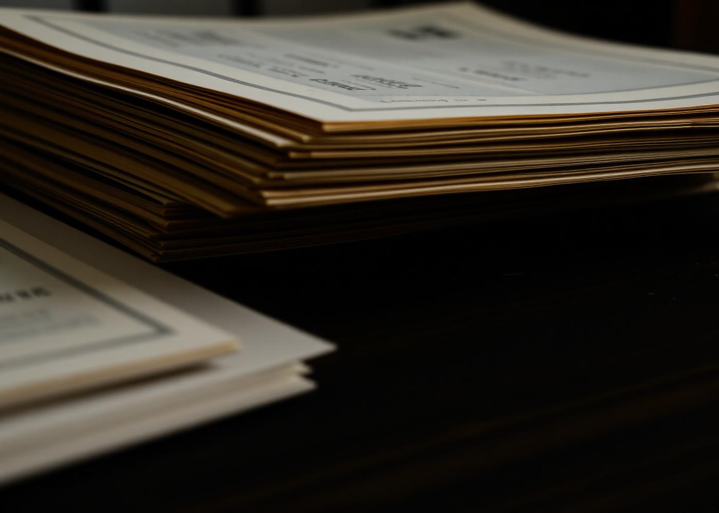 Stacked property documents and land records on a desk