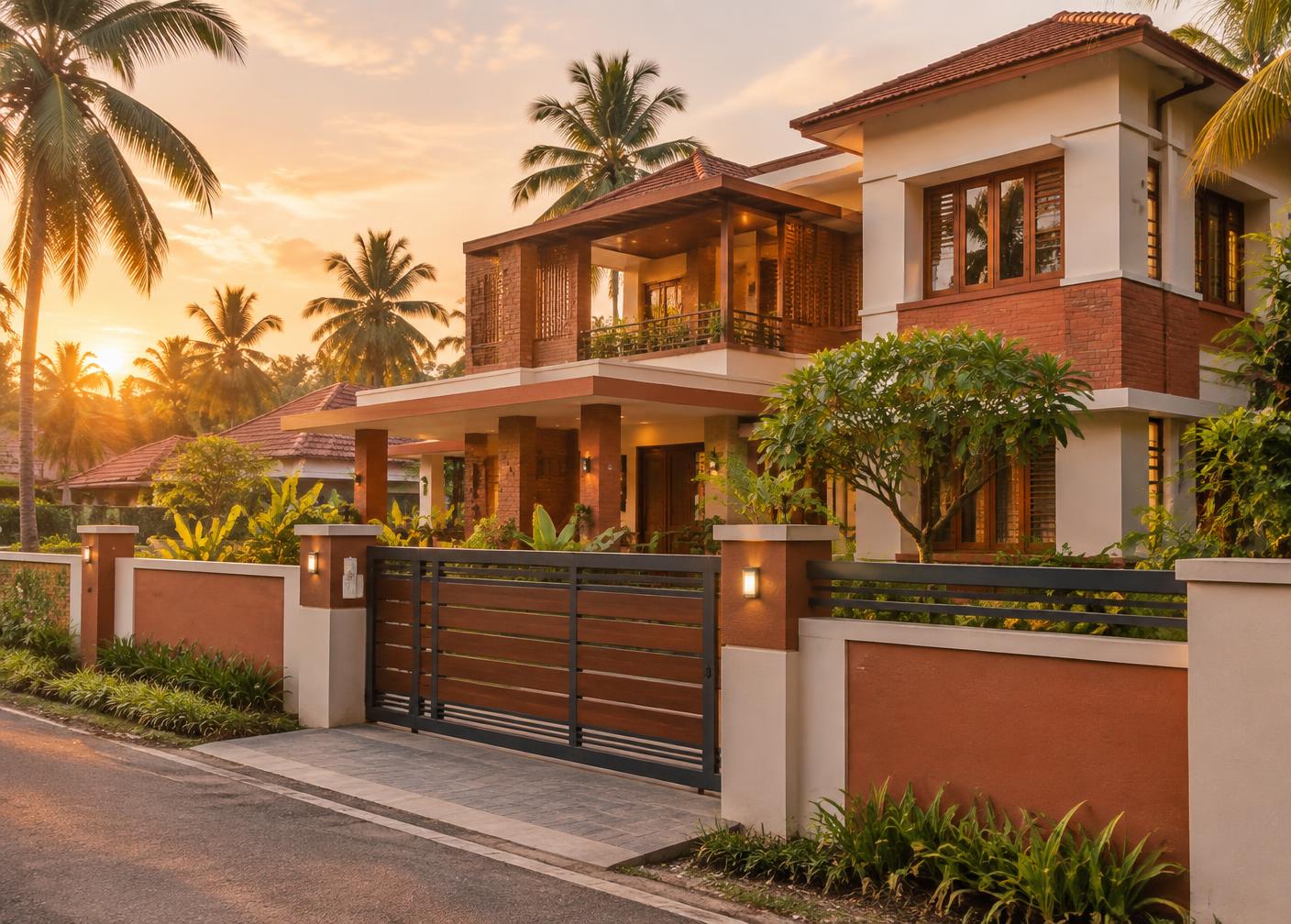 Exterior of an Indian family home with a garden at golden hour
