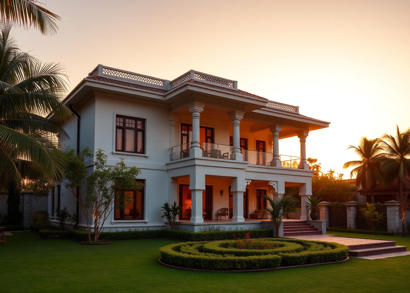 Exterior of an Indian family home with a garden at golden hour