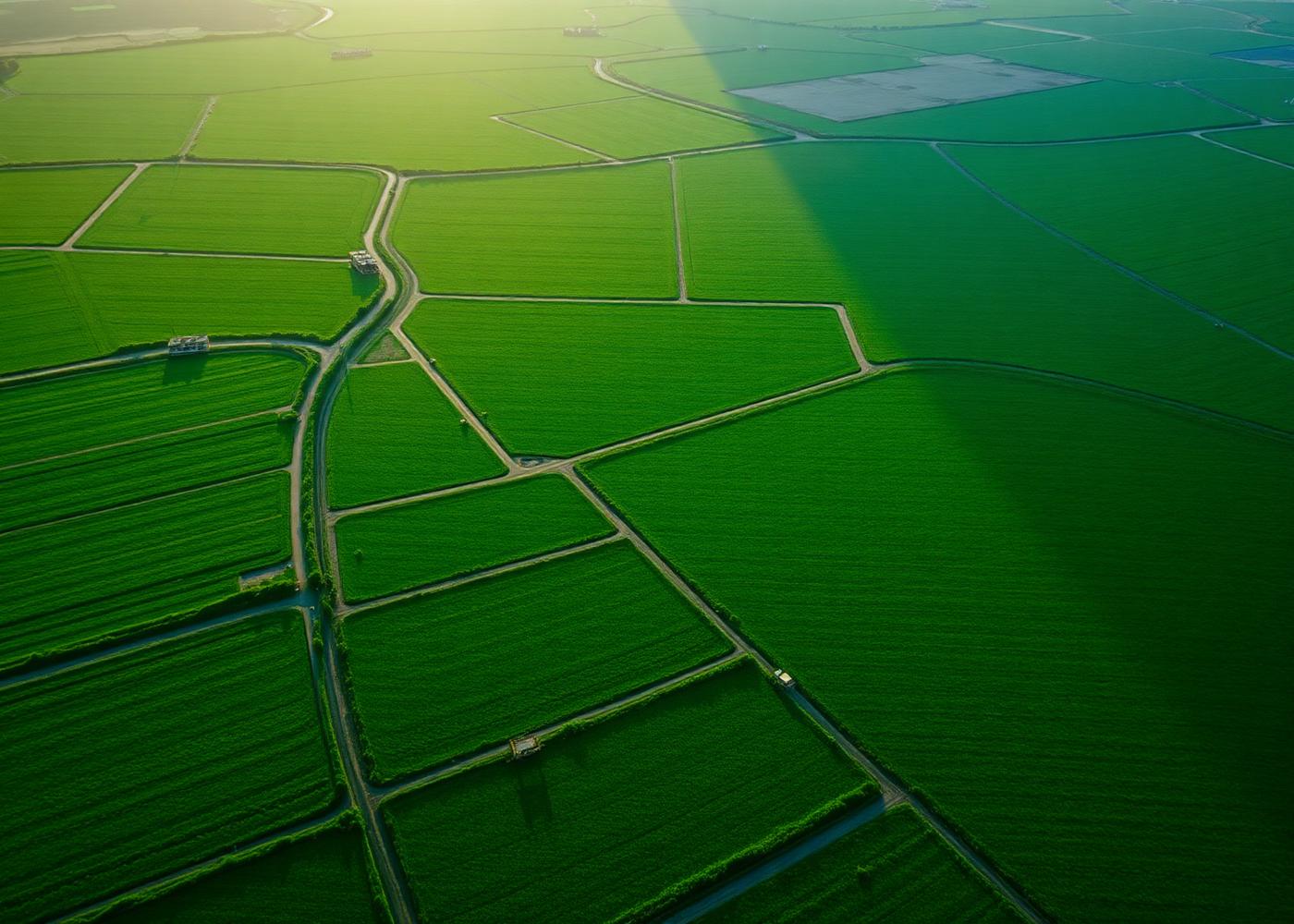 Aerial view of green farmland divided into plots