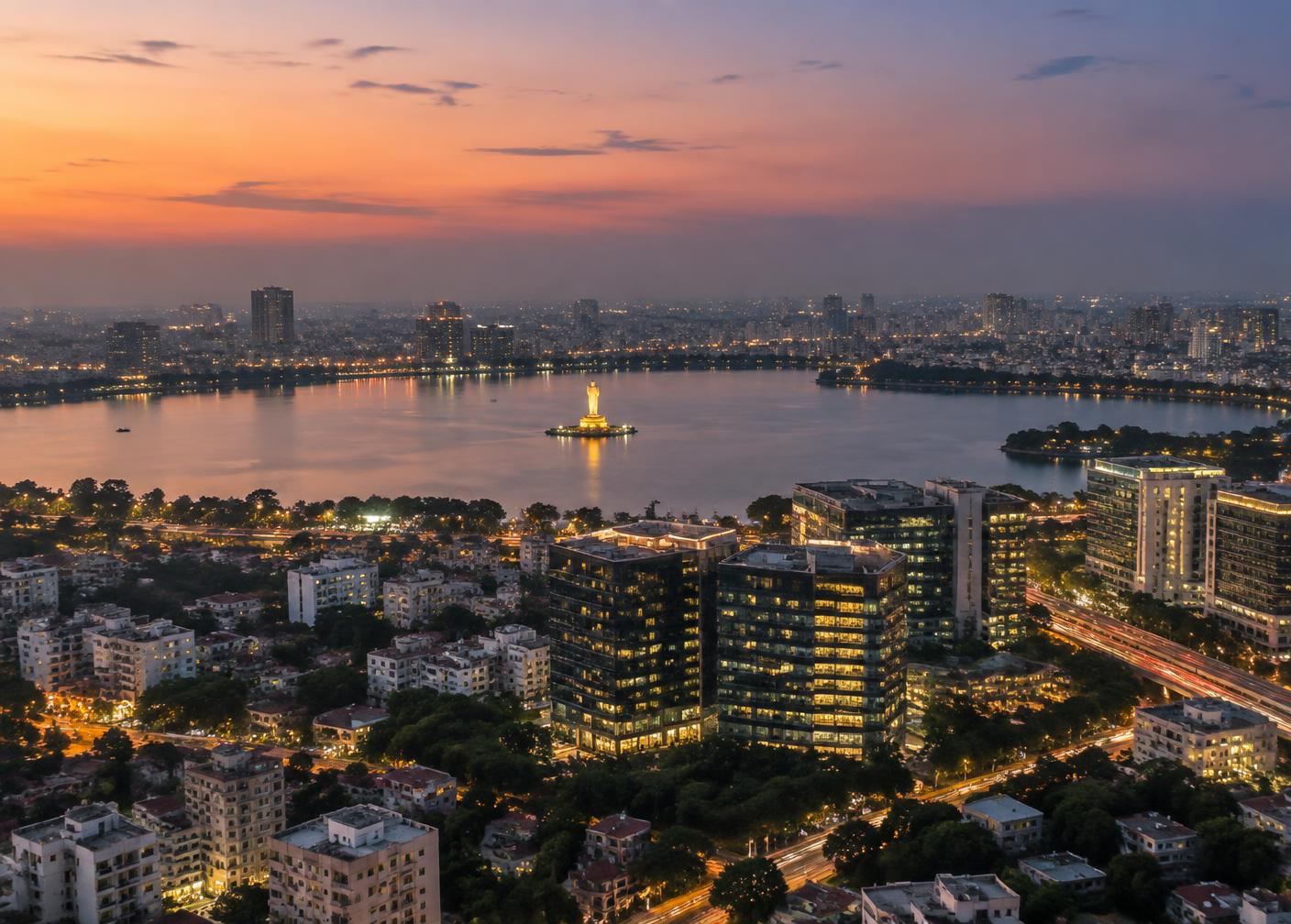 Aerial view of an Indian city skyline at twilight