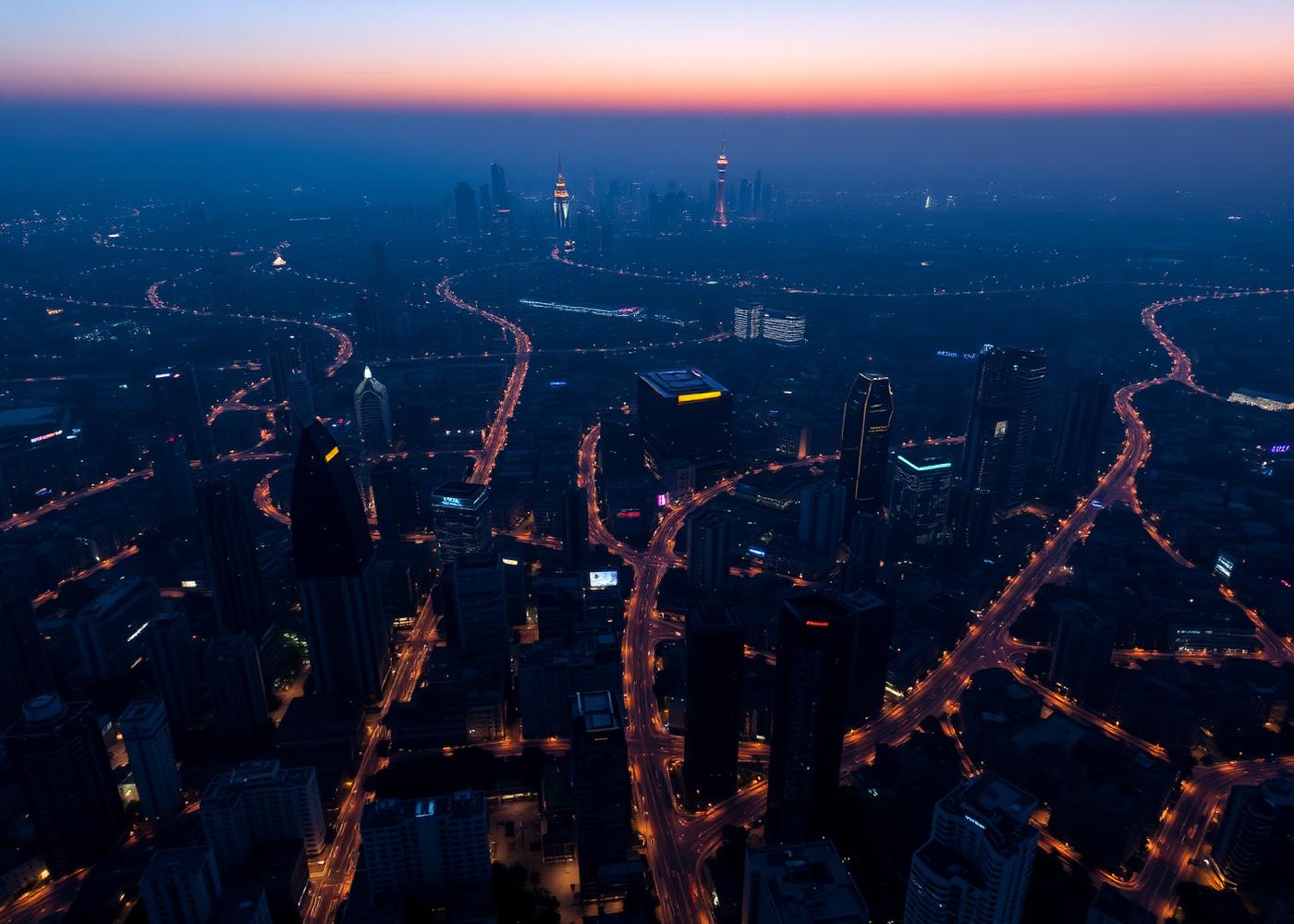 Aerial view of an Indian city skyline at twilight