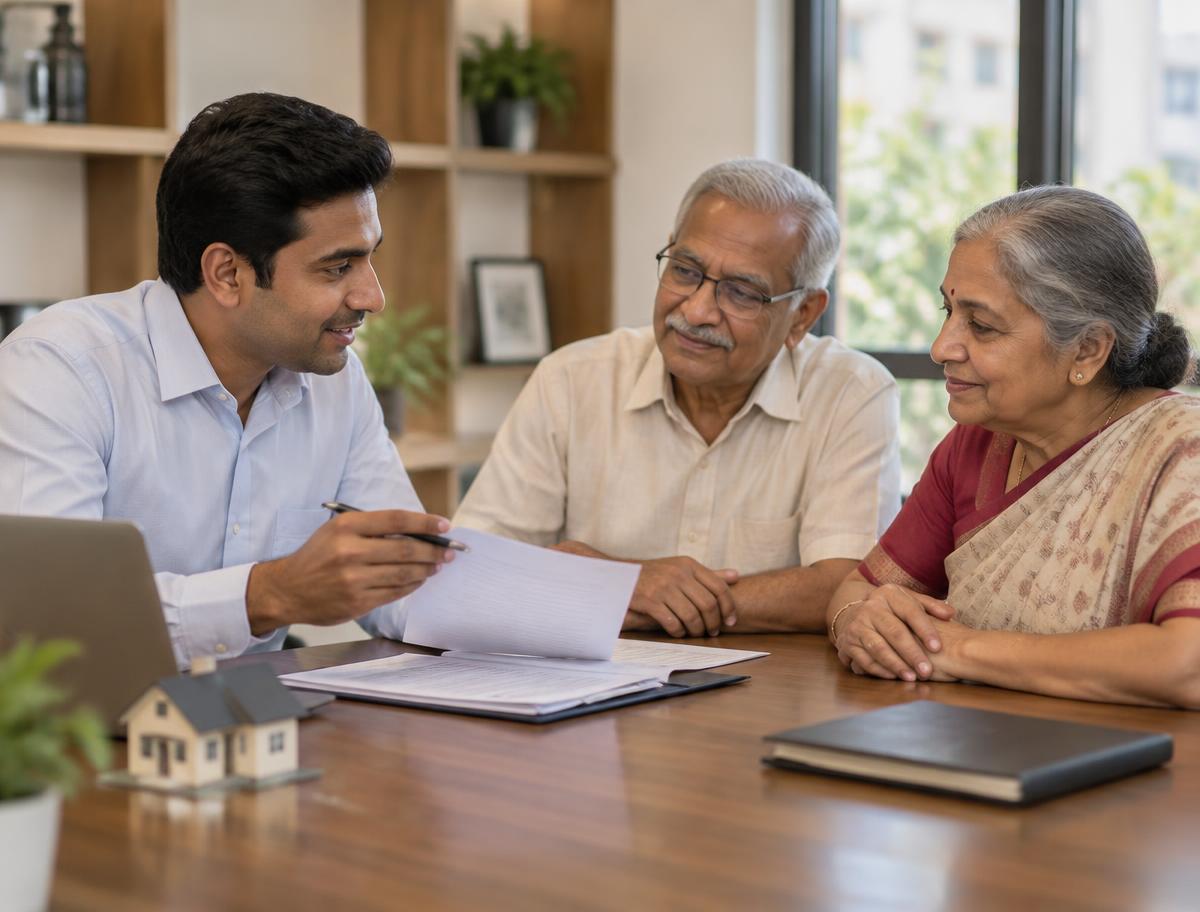 A property advisor talking with a senior couple at a table in a bright home