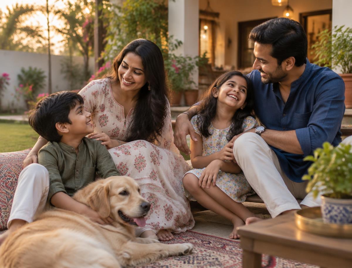 A multigenerational Indian family relaxing together in a sunlit living room
