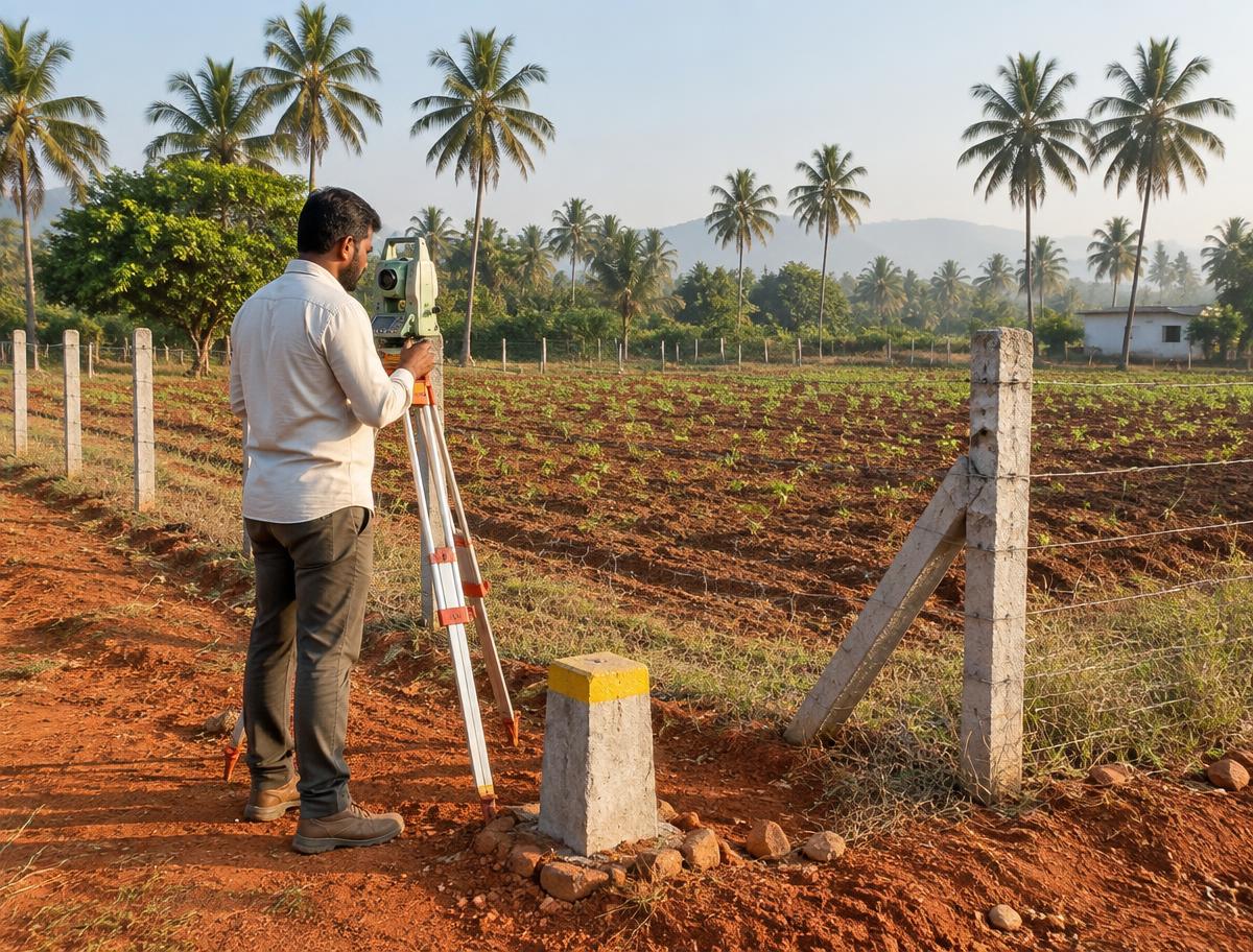 An open green plot of land with a boundary wall at golden hour